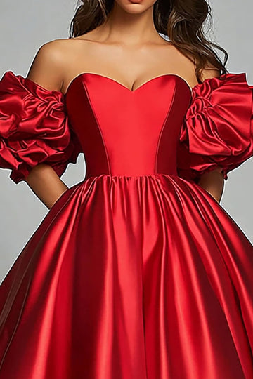 Red Off The Shoulder A Line Satin Ruffle Puff Sleeves Long Formal Dress